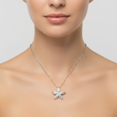 925 Sterling Silver Starfish Pendant Necklace with Cubic Zirconia, Crystal Pave Setting, Beach Theme Jewelry | BJ-033