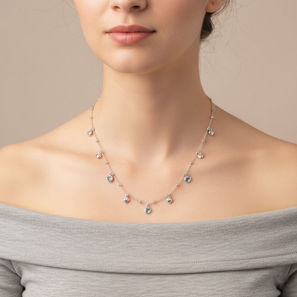 925 Sterling Silver Multi-Heart Charm Necklace | Light Blue Crystal and Silver Heart Dangle Choker for Women| BJ-03