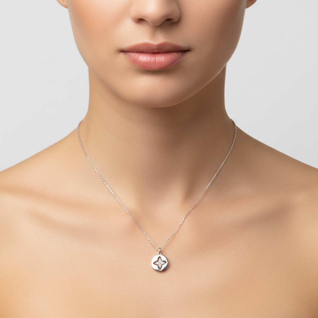 925 Sterling Silver Four-Point Star Cutout Disc Pendant Necklace | Premium Pure Silver Jewellery India | BJ-011