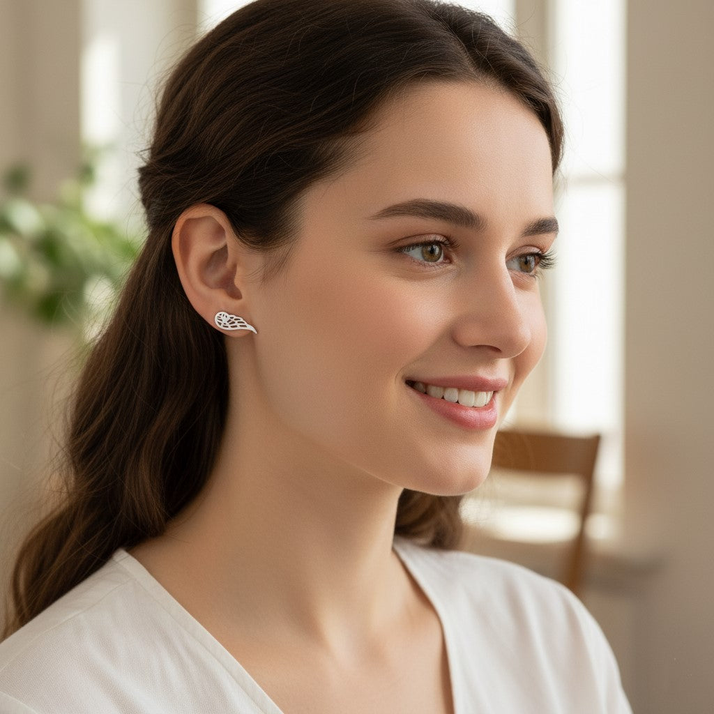 Divine Spirit: 925 Sterling Silver Cut-Out Angel Wing Stud Earrings| BJER-014