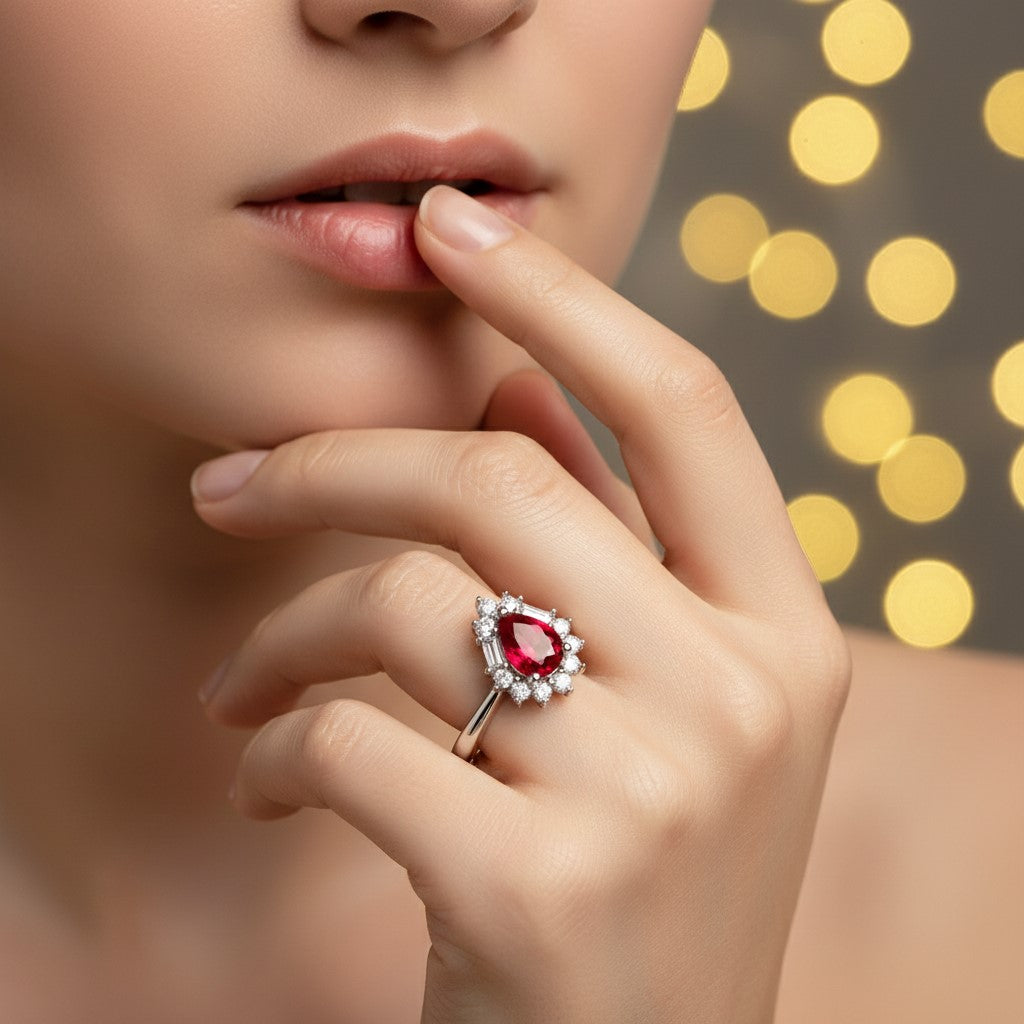 925 Sterling Silver Ruby and Diamond Ring, Pear-Shaped Red Gemstone, Elegant Wedding Engagement Band with Crystal Accents | BJLR-0011