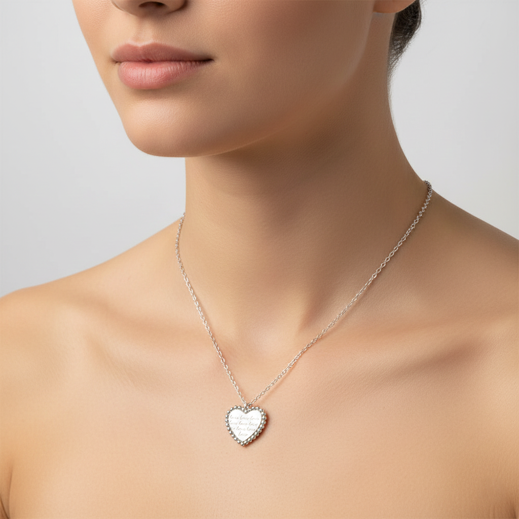 925 Sterling Silver Engraved Script Heart Necklace | Minimalist Beaded Caviar Border Message Pendant | BJ-22