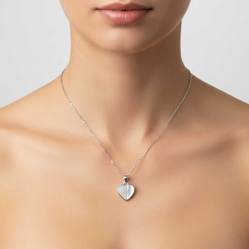 925 Sterling Silver Heart Pendant Necklace – Mother of Pearl & Sparkling CZ Dual-Texture Romantic Charm Jewelry | BJ-012
