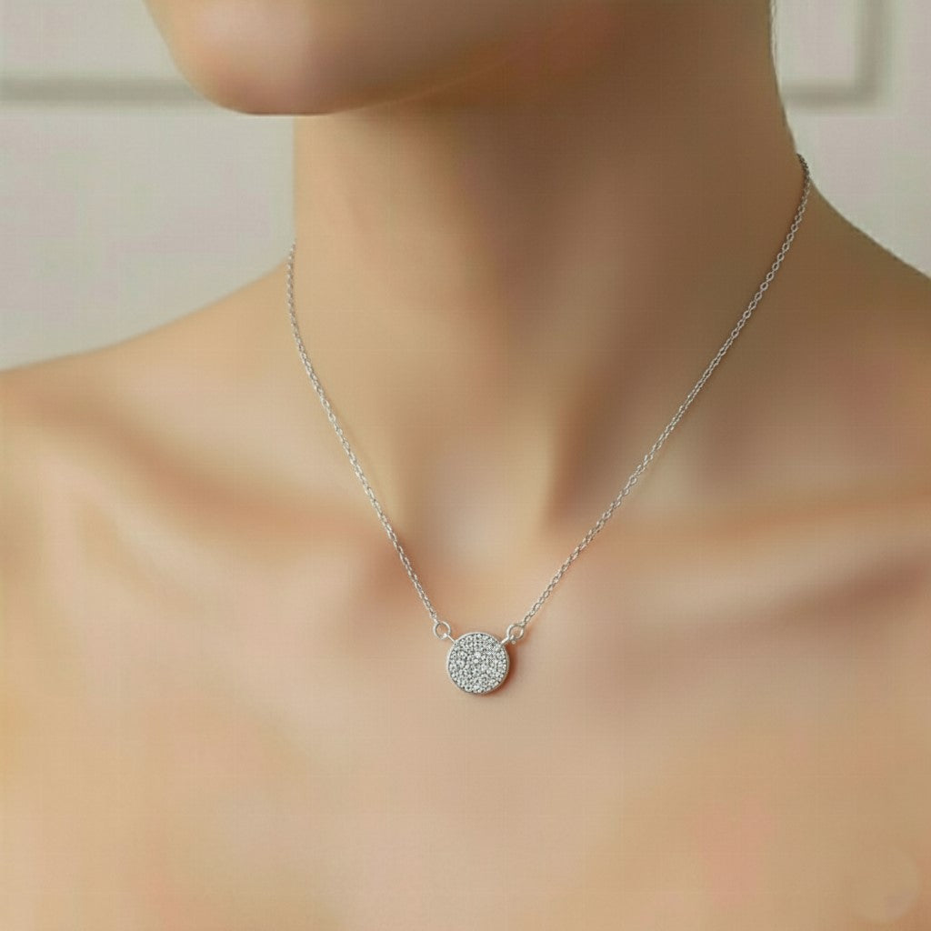 925 Sterling Silver Full Pave Disc Pendant Necklace | Premium Pure Silver Jewellery India | BJ-07