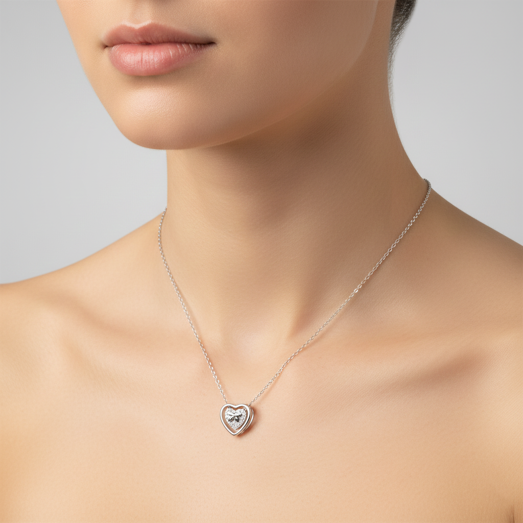 925 Sterling Silver Double Heart Necklace – Sparkling Pave CZ Bow Pendant| BJ-35