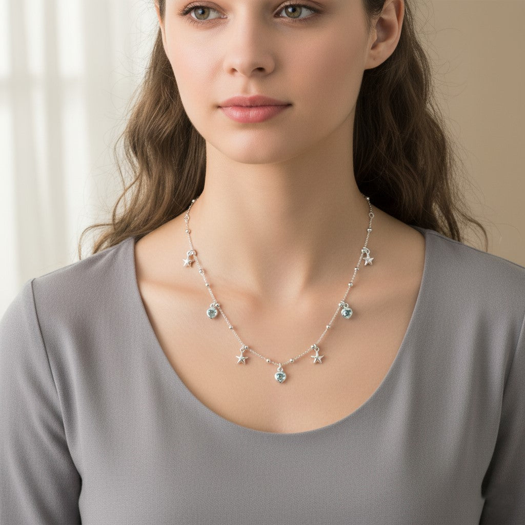 925 Sterling Silver Star and Heart Charm Necklace | Light Blue Crystal Dangle Choker for Women