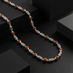 Silver Rudraksha Beaded Necklace with Designer Cylindrical Links | BJRDXMLA-02