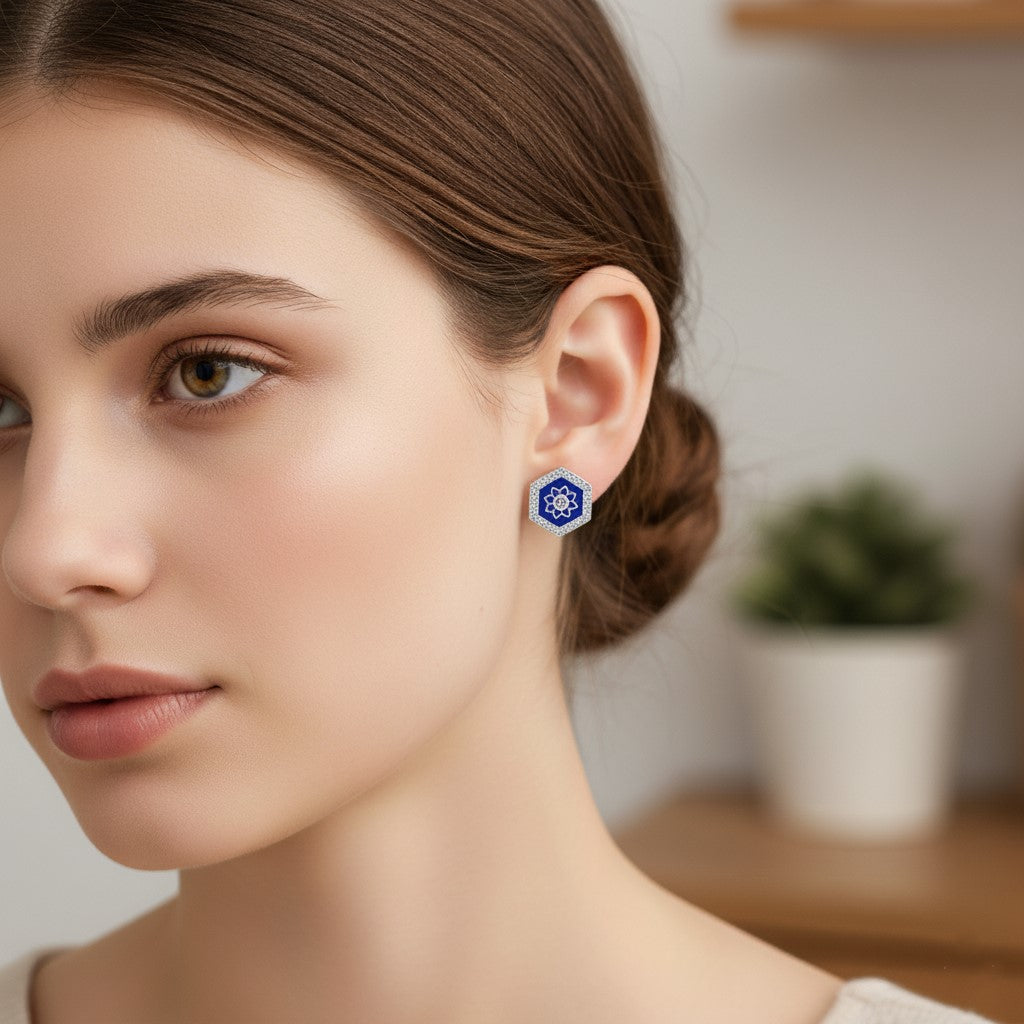 Blue Enamel Hexagonal Stud Earrings