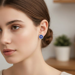 925 Sterling Silver Blue Enamel Octagonal Flower Stud Earrings with Crystal Accents | Gifts for Women & Girls & Girlfriend |Wedding and Christmas Gifts | BJER-02