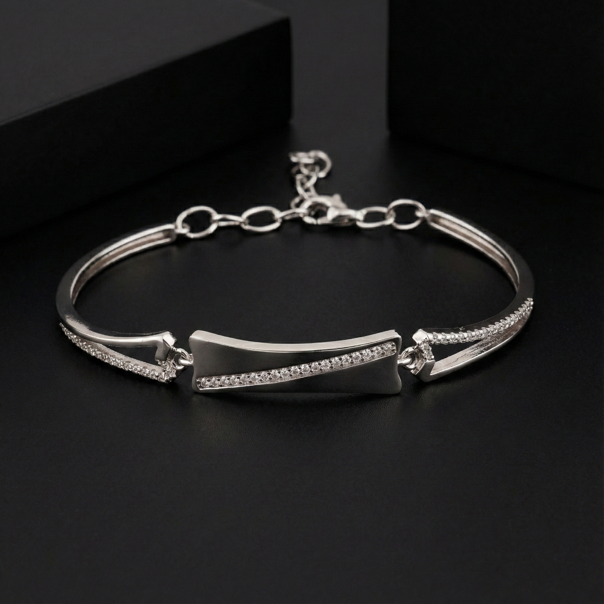 925 Sterling Silver Diagonal CZ Bar Bracelet | Modern Minimal Elegance | BJBR-060