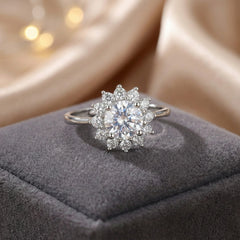 925 Sterling Silver Snowflake Ring with Cubic Zirconia, Floral Design, Elegant Wedding Engagement Statement Ring | BJLR-017