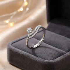 925 Sterling Silver Wave Design Ring with Cubic Zirconia, Elegant Wedding Engagement Band, White Crystal Accents | BJLR-0007