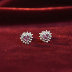 925 Sterling Silver Heart Stud Earrings with Pink Crystal and Clear CZ Stones, Romantic Design | Gifts for Women & Girls & Girlfriend |Wedding and Christmas Gifts | BJER-03
