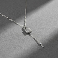 925 Starling Silver Crystal Lock and Key Pendant Necklace, Silver Chain, Rhinestone Padlock Design | BJ-026