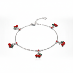925 Sterling Silver Cherry Charm Anklets for Girls &amp; Women | Cute Red Enamel Cherry Design | Adjustable Chain | BJAK-0008