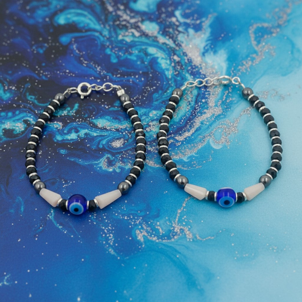 925 Starling Silver Evil Eye Protection Nazariya, Black Crystal Beads with Blue Glass Eye Pendant, Hematite Pearl Accents | BJKDNJ-04