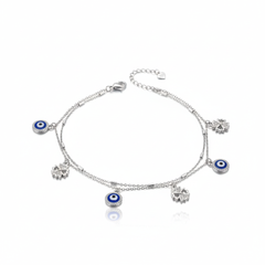 925 Starling Silver Double Layer Evil Eye Charm Anklet | Silver Anklet with Leaf Charms for Women &amp; Girls | BJAK-0012