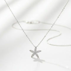 925 Sterling Silver Starfish Pendant Necklace with Cubic Zirconia, Crystal Pave Setting, Beach Theme Jewelry | BJ-033