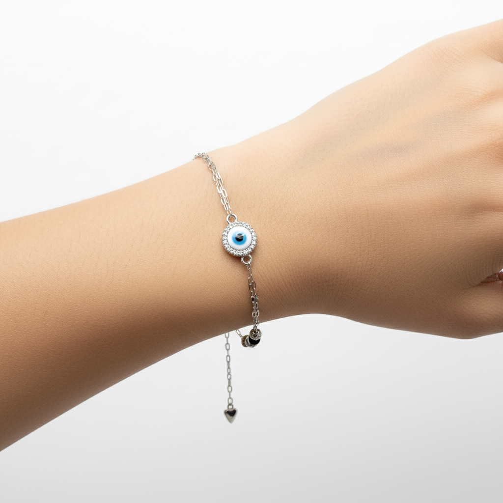 925 Sterling Silver Evil Eye Bracelate, Crystal Rhinestone Pendant Chain, Blue Glass Eye, Black Beaded Accent | Gifts for Women & Girls & Girlfriend |Wedding and Christmas Gifts | BJBR-048