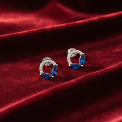 925 Sterling Silver Blue Sapphire Crystal Stud Earrings, Round Half-Circle Design with Cubic Zirconia Accents, Jewelry for Women | Gifts for Women & Girls & Girlfriend |Wedding and Christmas Gifts | BJER-07