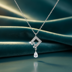 925 Sterling Silver Geometric Crystal Drop Necklace, Square Pendant with Cubic Zirconia, Elegant Chain Jewelry for Women | BJ-013