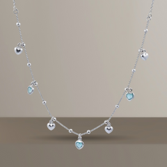 925 Sterling Silver Heart Charm Layered Necklace, Blue Crystal and Silver Hearts | BJ-03