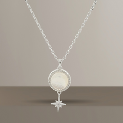 925 Sterling Silver Moonstone Pendant Necklace, Round Crystal Halo Design with Cross Charm | BJ-021