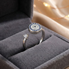 925 Sterling Silver Evil Eye Protection Ring with Blue Sapphire and Diamond CZ, Adjustable Wave Design Band with Black Crystal Accent | BJLR-0003