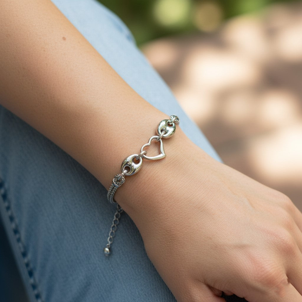 925 Sterling Silver Heart Bracelet, Mesh Chain Design with Heart Charms, Adjustable Length | Gifts for Women & Girls & Girlfriend |Wedding and Christmas Gifts | BJBR-09