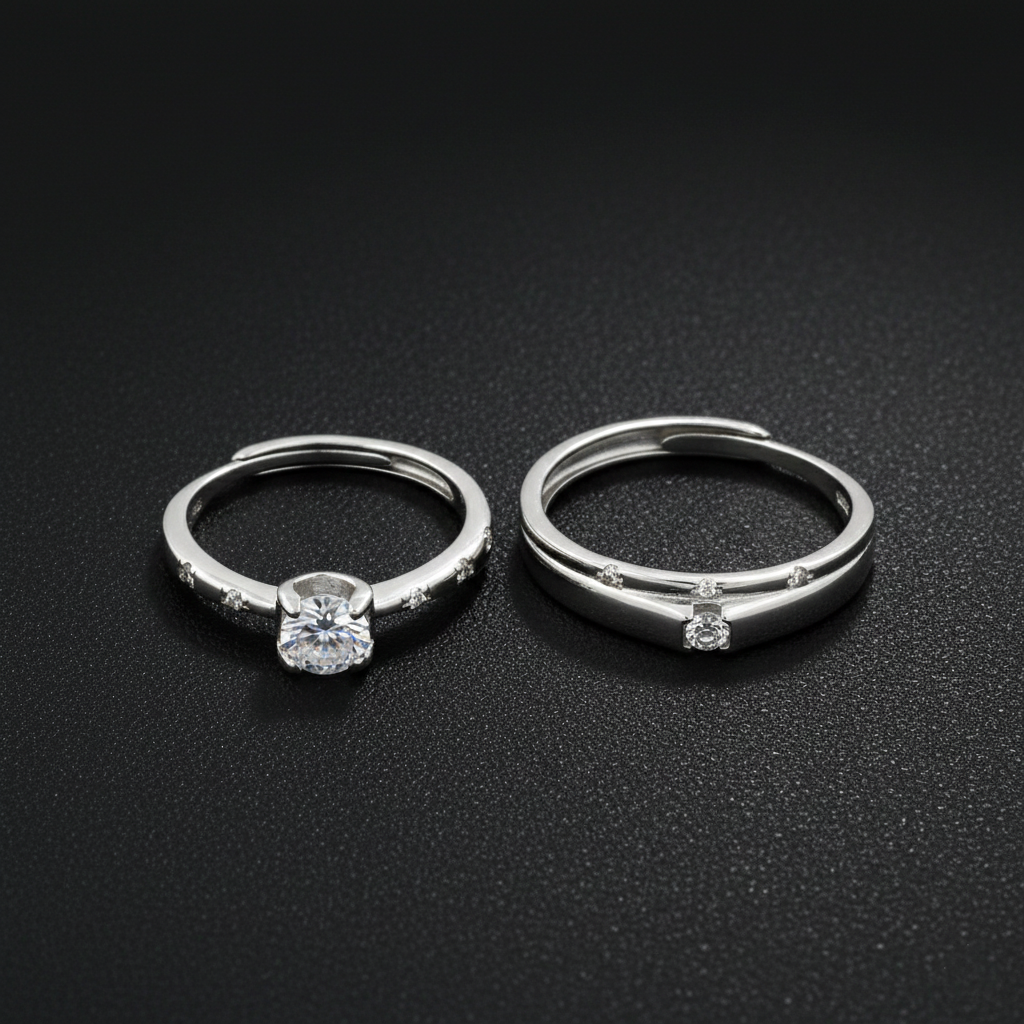 925 Sterling Silver Cubic Zirconia Engagement Ring, Round Cut Solitaire with Crystal Accented Band, 925 Silver Wedding Ring Set | BJLR-0018