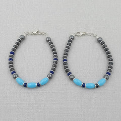 925 Starling Silver Handcrafted Beaded Kids Nazariya, Hematite Grey with Turquoise Blue Accents, Navy Crystal Spacers&nbsp | BJKDNJ-03