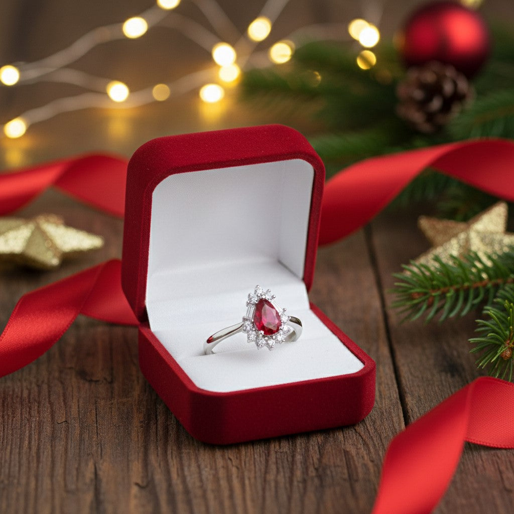 Sterling Silver Ruby and Diamond Ring, Pear-Shaped Red Gemstone, Elegant Wedding Engagement Band with Crystal Accents | BJLR-0011