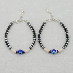 925 Starling Silver Evil Eye Protection Nazariya, Black Crystal Beads with Blue Glass Eye Pendant, Hematite Pearl Accents | BJKDNJ-04