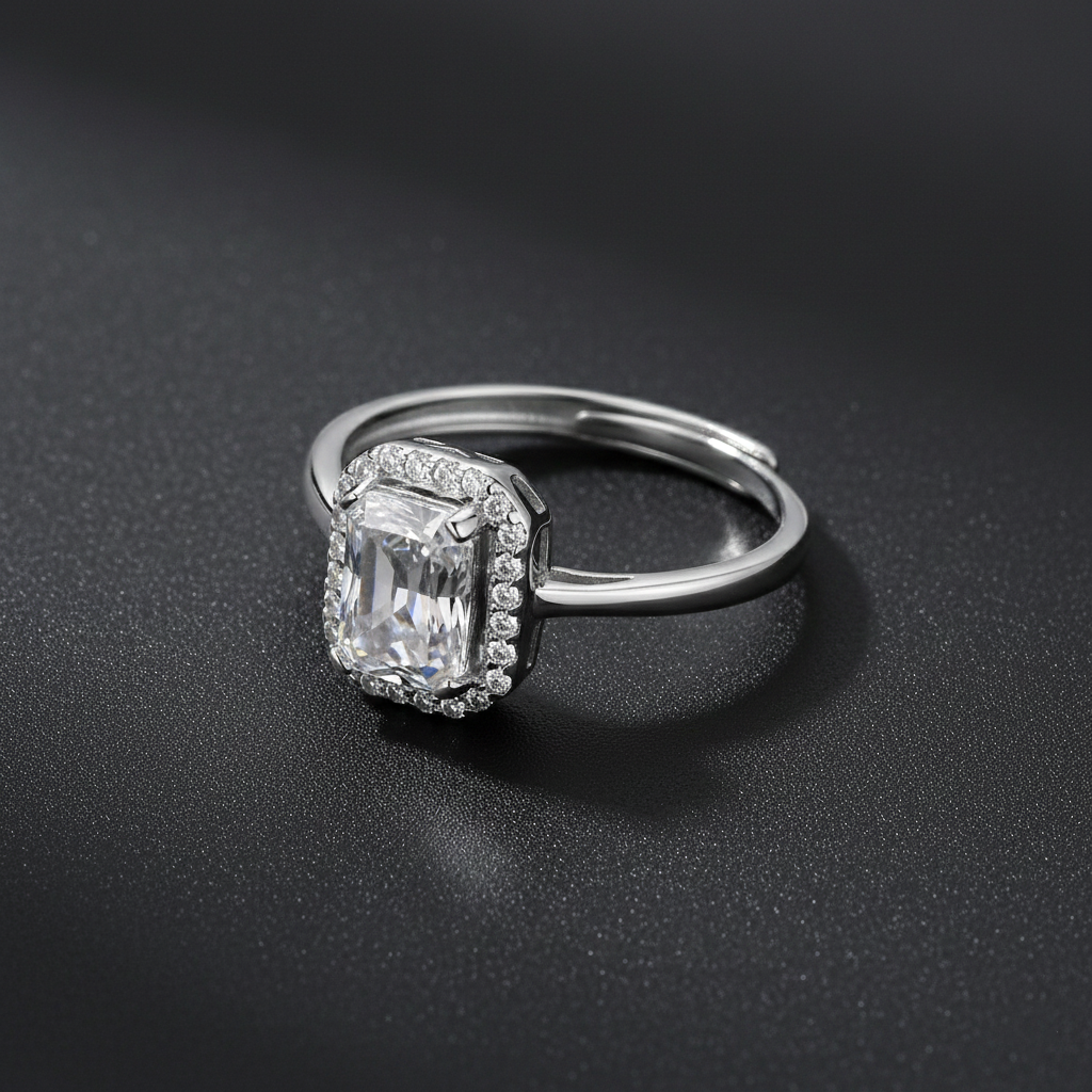 925 Sterling Silver Emerald Cut Cubic Zirconia Halo Engagement Ring, Classic Wedding Band, Clear Crystal Gemstone | BJLR-0004