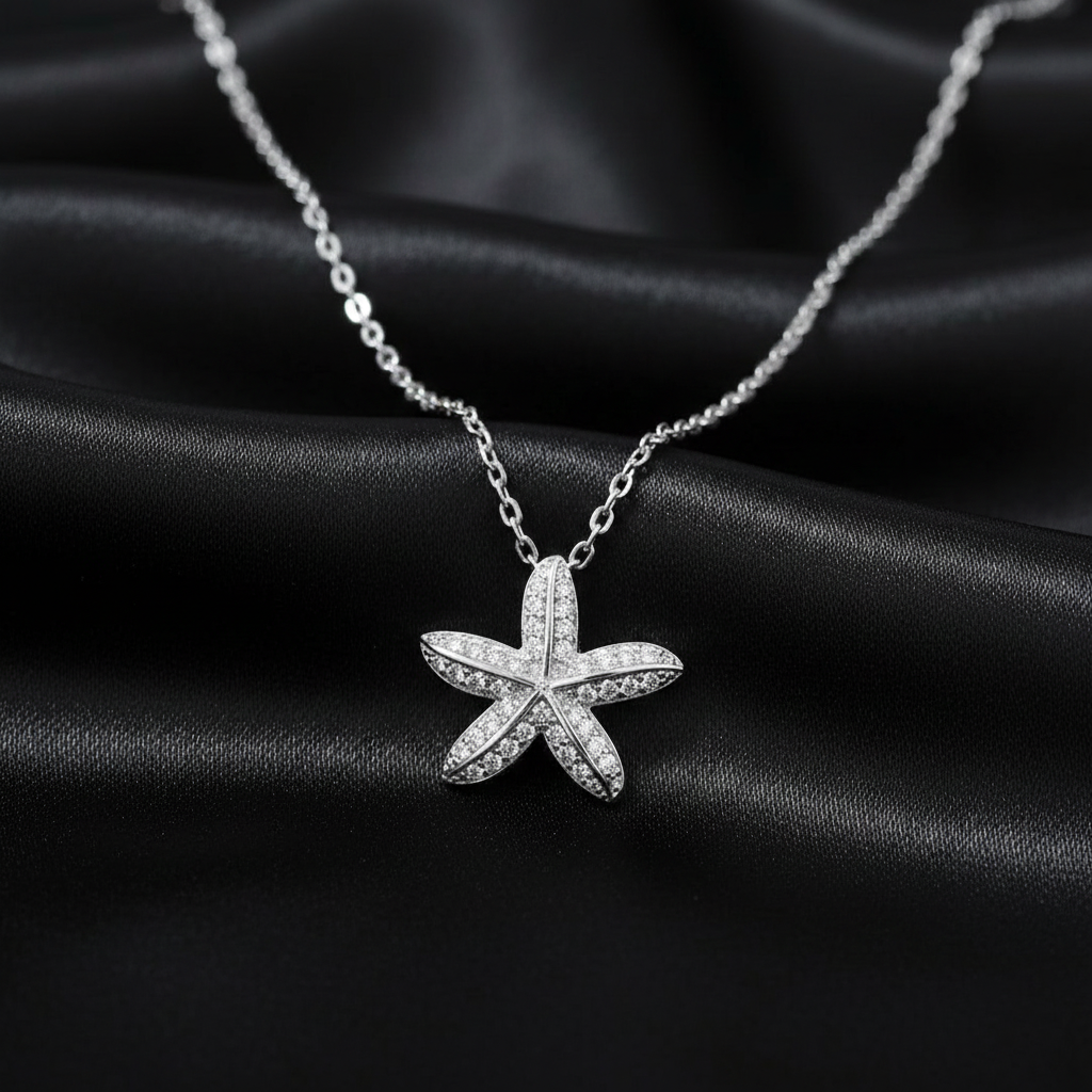 925 Sterling Silver Starfish Pendant Necklace with Cubic Zirconia, Crystal Pave Setting, Beach Theme Jewelry | BJ-033