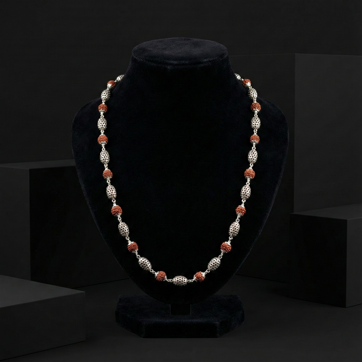 Handcrafted Silver Rudraksha Mala Necklace with Oxidized Oval Beads | BJRDXMLA-01