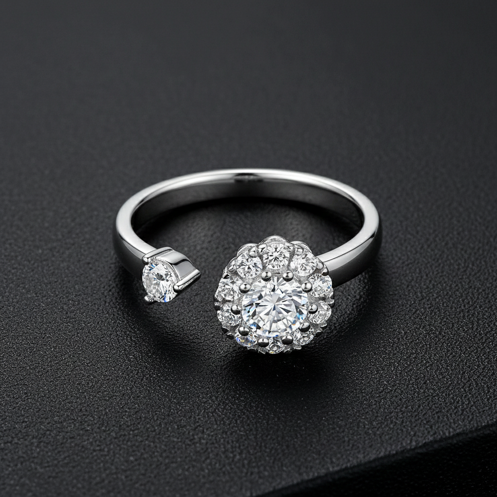 925 Sterling Silver Adjustable Ring with Cubic Zirconia Flower Cluster Design, Clear Crystal Stones, Open Band Style | BJLR-0015