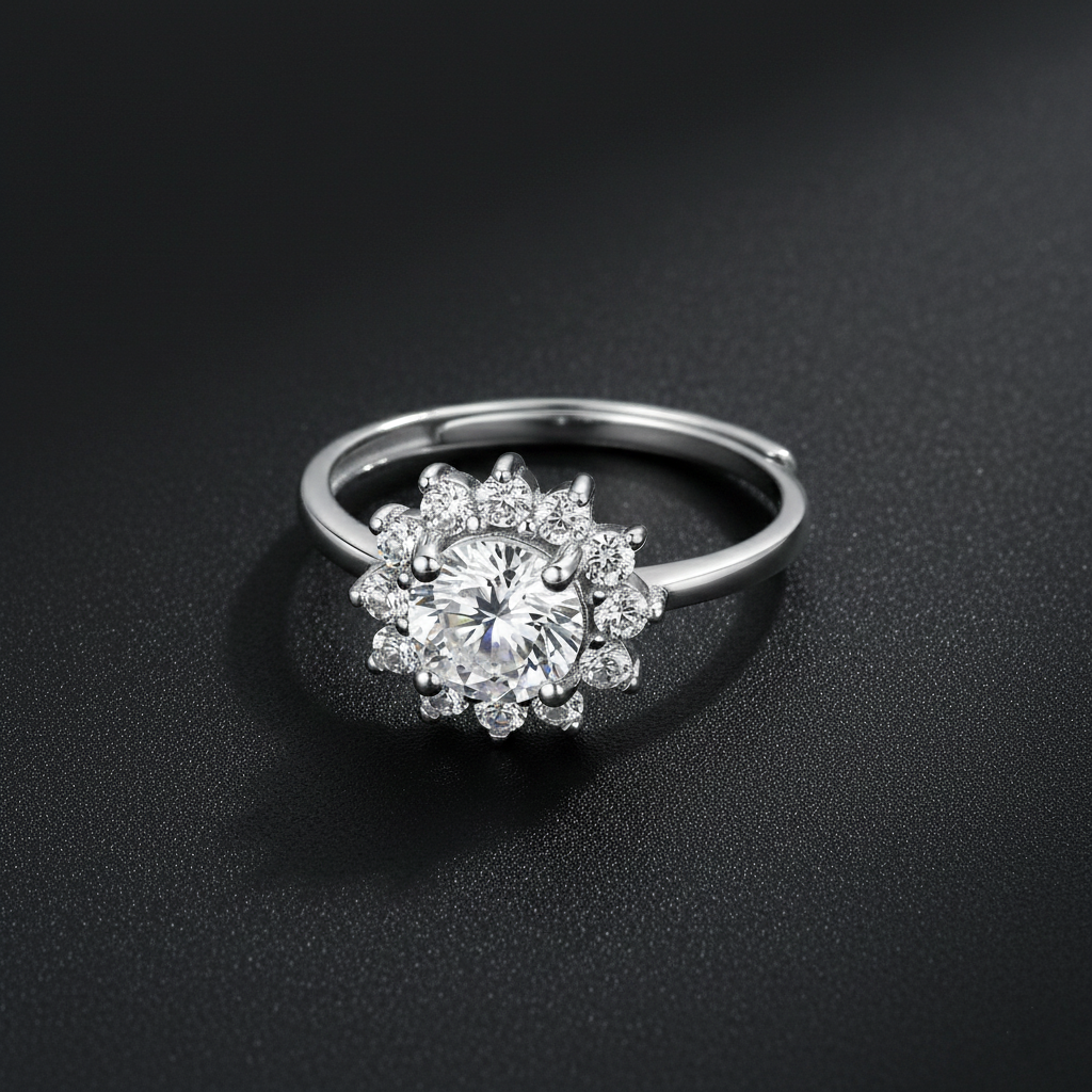 925 Sterling Silver Snowflake Ring with Cubic Zirconia, Floral Design, Elegant Wedding Engagement Statement Ring | BJLR-017