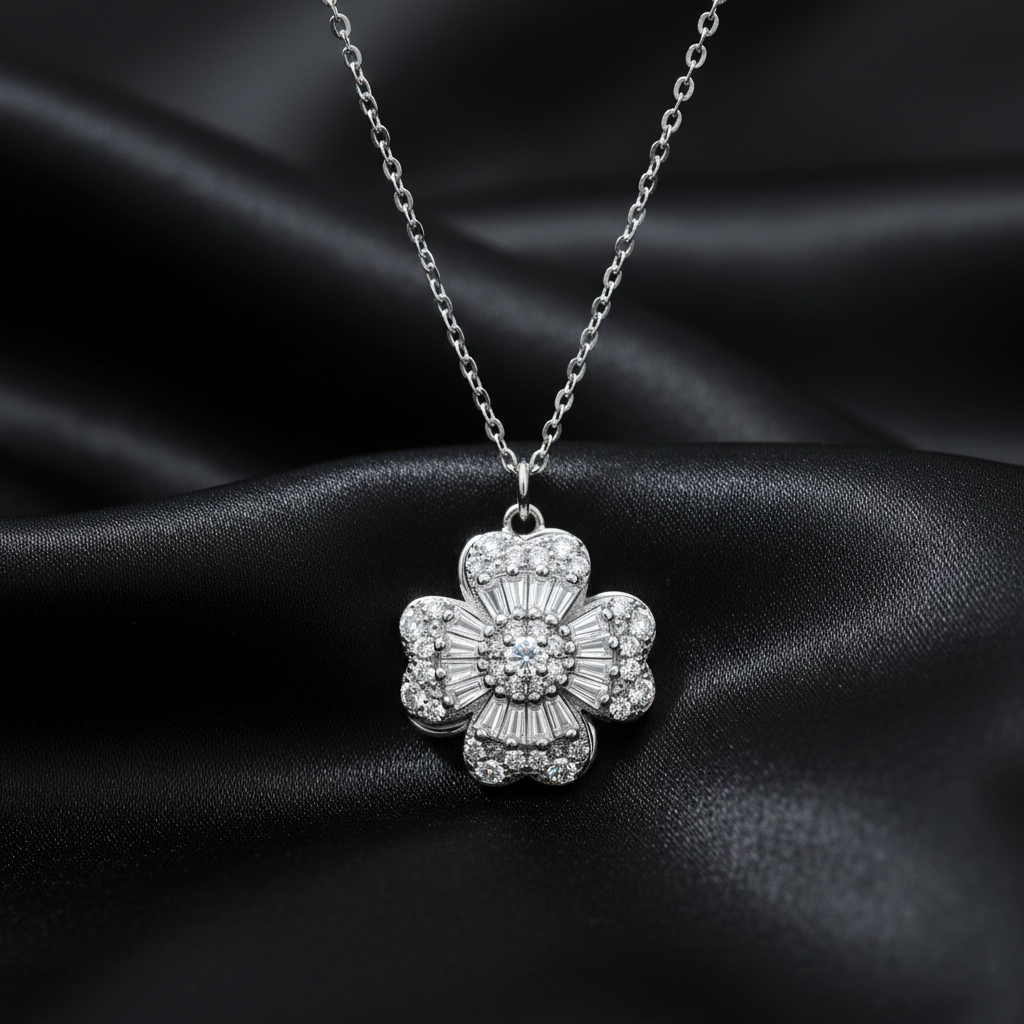 925 Starling Silver Rotatable Moving Flower Pendant with Chain | Gifts for Women & Girls & Girlfriend |Wedding and Christmas Gifts | BJ-36