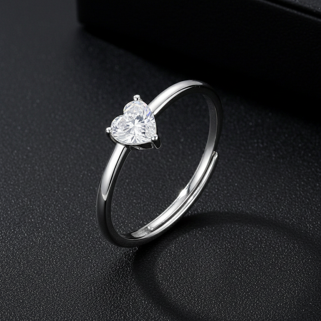 925 Sterling Silver Heart-Shaped Cubic Zirconia Ring, 925 Sterling Silver, Solitaire Engagement Style, Minimalist Design | BJLR-0005