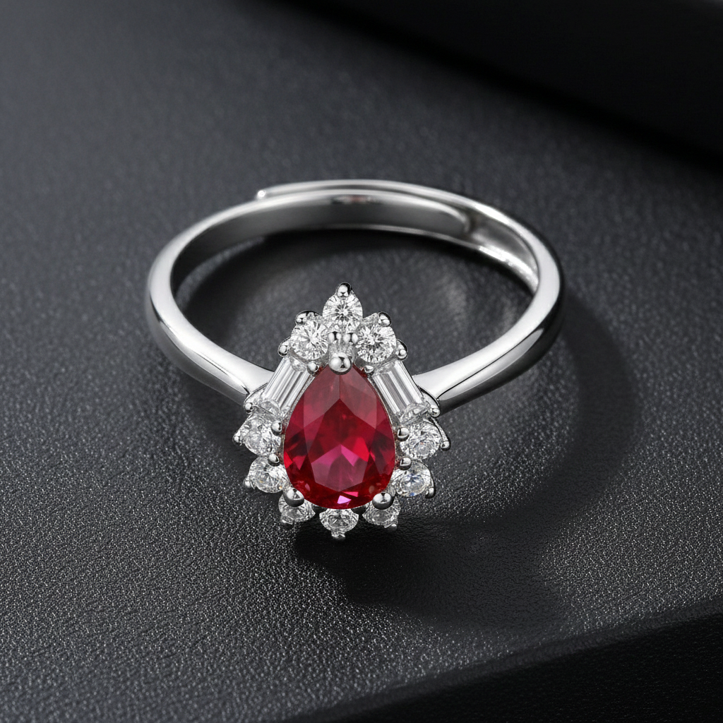 925 Sterling Silver Ruby and Diamond Ring, Pear-Shaped Red Gemstone, Elegant Wedding Engagement Band with Crystal Accents | BJLR-0011