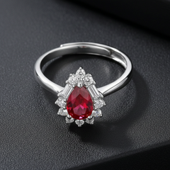 925 Sterling Silver Ruby and Diamond Ring, Pear-Shaped Red Gemstone, Elegant Wedding Engagement Band with Crystal Accents | BJLR-0011