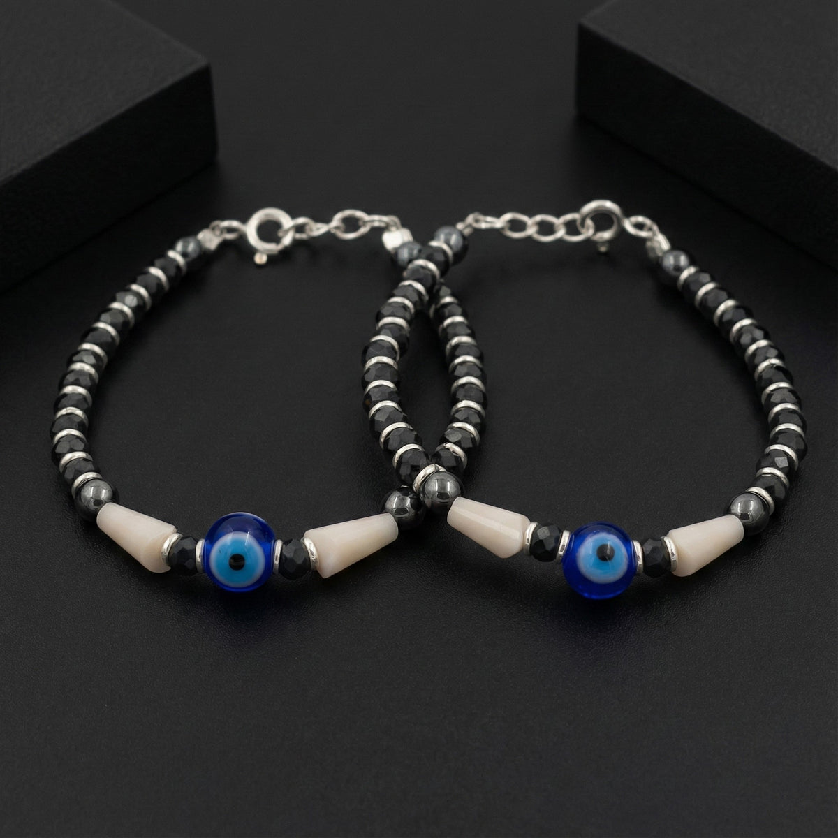 925 Starling Silver Evil Eye Protection Nazariya, Black Crystal Beads with Blue Glass Eye Pendant, Hematite Pearl Accents | BJKDNJ-04