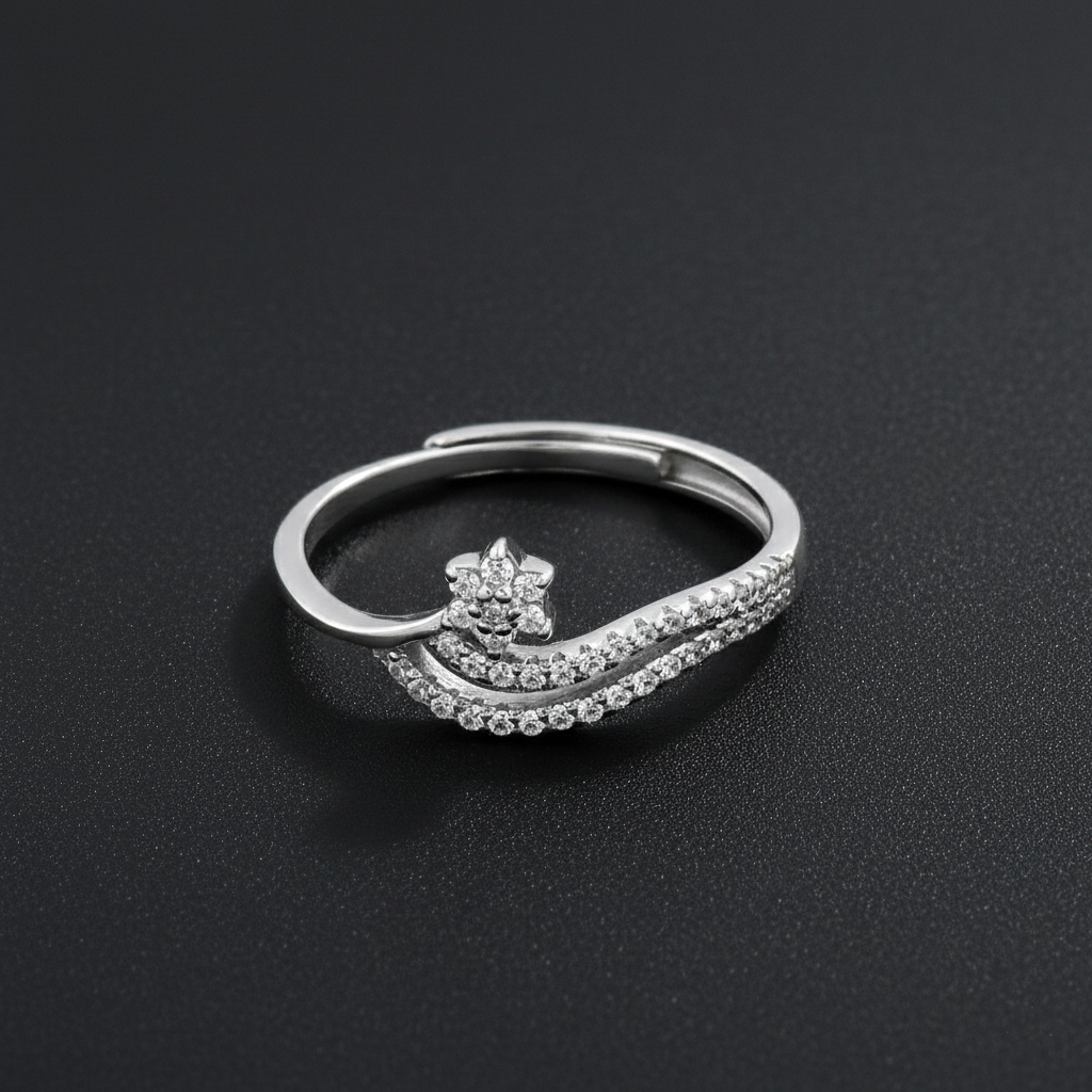 925 Sterling Silver Wave Design Ring with Cubic Zirconia, Elegant Wedding Engagement Band, White Crystal Accents | BJLR-0007