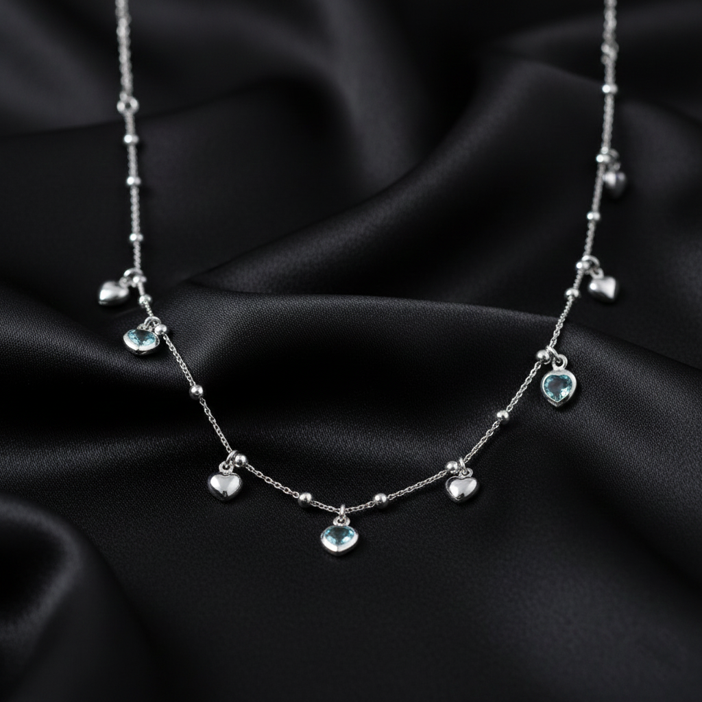 925 Sterling Silver Heart Charm Layered Necklace, Blue Crystal and Silver Hearts | BJ-03