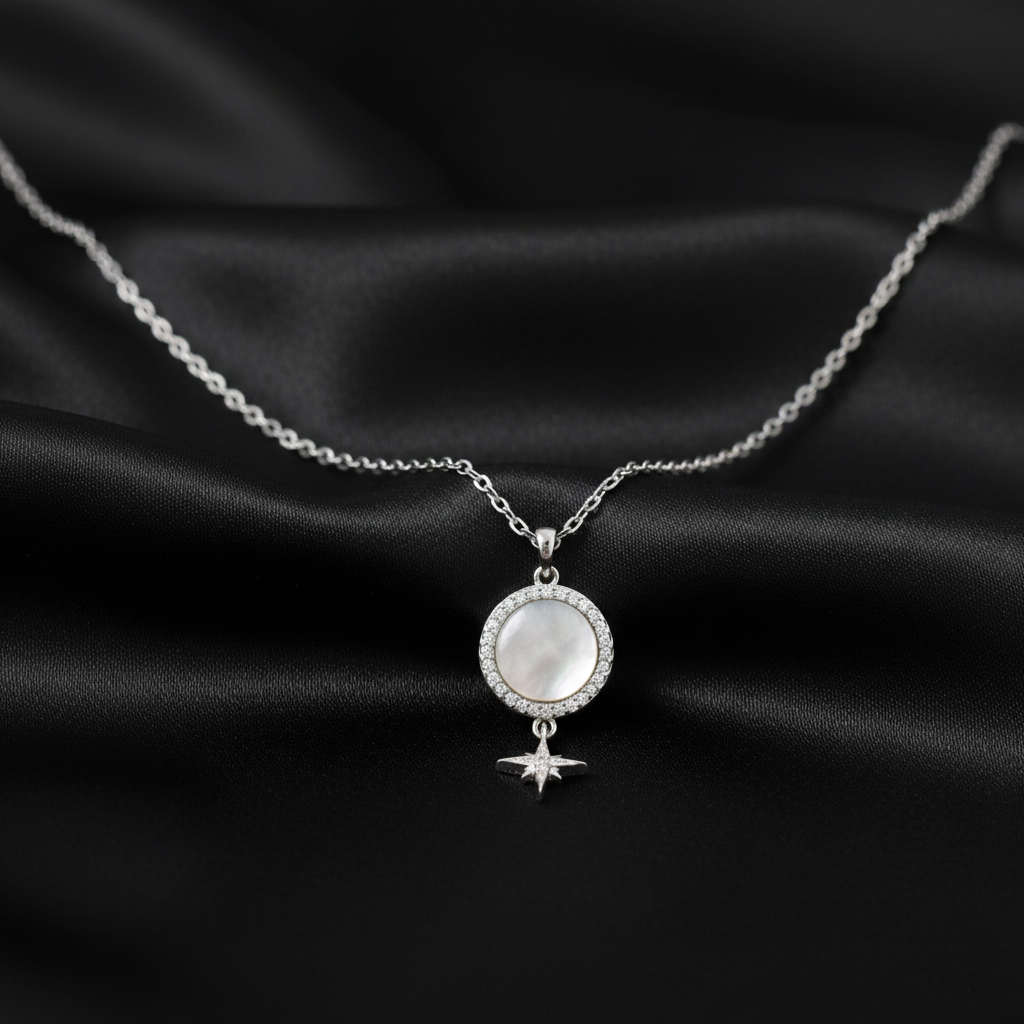 925 Sterling Silver Moonstone Pendant Necklace, Round Crystal Halo Design with Cross Charm | BJ-021