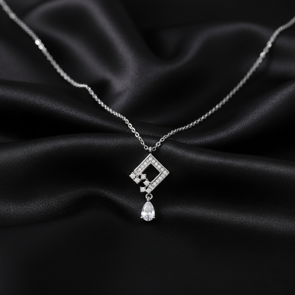 925 Sterling Silver Geometric Crystal Drop Necklace, Square Pendant with Cubic Zirconia, Elegant Chain Jewelry for Women | BJ-013