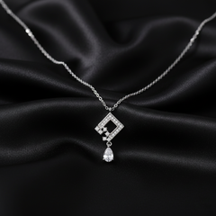 925 Sterling Silver Geometric Crystal Drop Necklace, Square Pendant with Cubic Zirconia, Elegant Chain Jewelry for Women | BJ-013