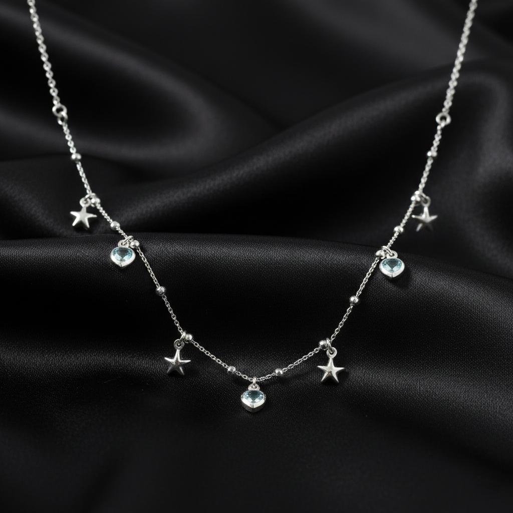 925 Sterling Silver Heart and Star Charm Necklace Set, Delicate Chain with Crystal Hearts, | BJ-02