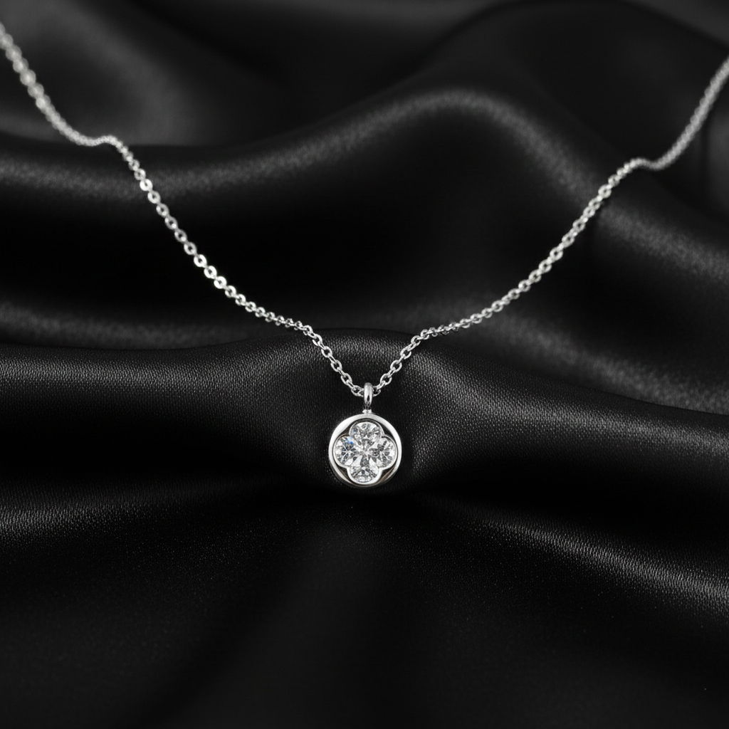 925 Sterling Silver Crystal Flower Pendant Necklace, Delicate Chain, Round Solitaire Design | BJ-06